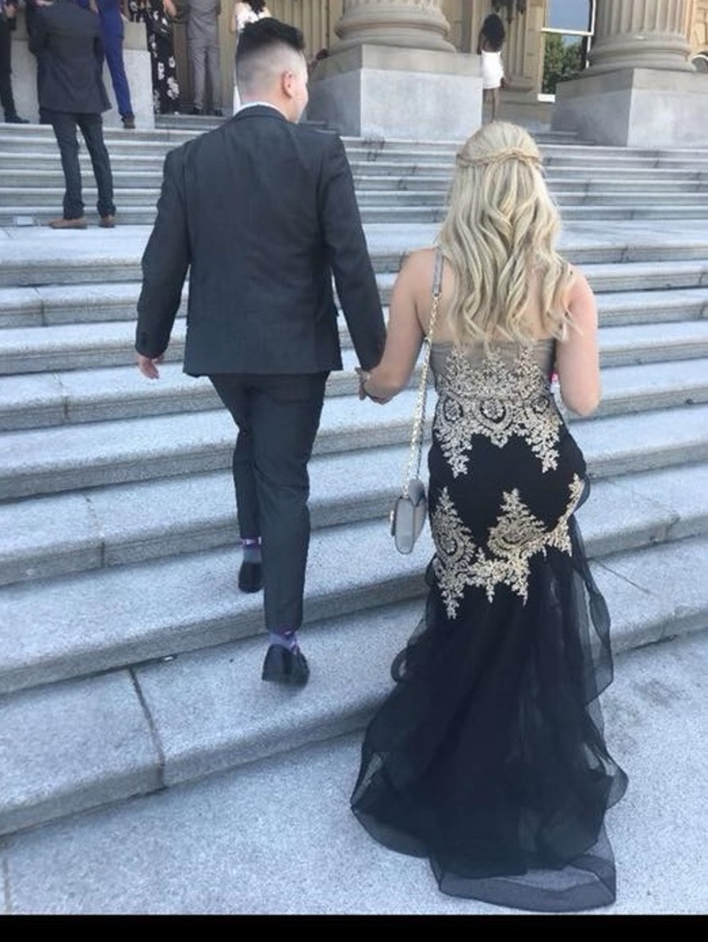 Black and Gold Strapless Beaded Mermaid Grad Dress - Size 2 - Picture 3 of 17
